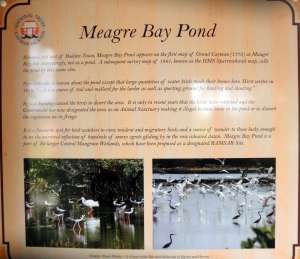 Meagre Bay Pond sign, Bodden Town Guard House Park. This saline lagoon is a favorite spot to watch resident and migratory birds.